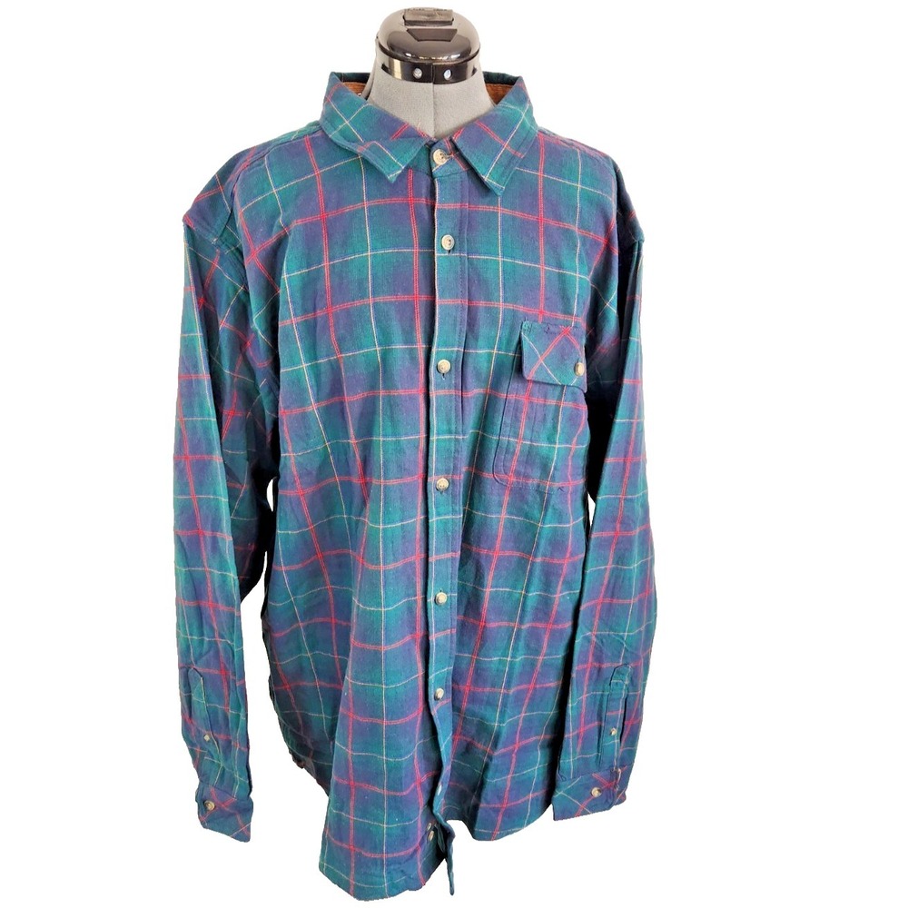 Legendary Whitetails Mens XLT Green Plaid Flannel Shirt Corduroy Trim LS